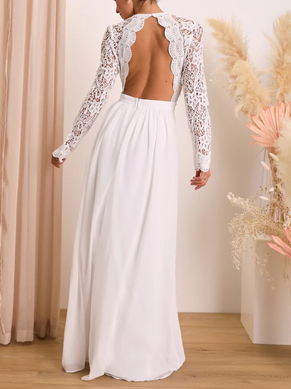 Lulu's Awaken My Love White Lace Long-Sleeve Backless Maxi Dress